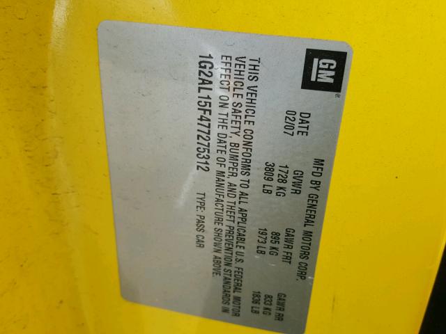 1G2AL15F477275312 - 2007 PONTIAC G5 YELLOW photo 10