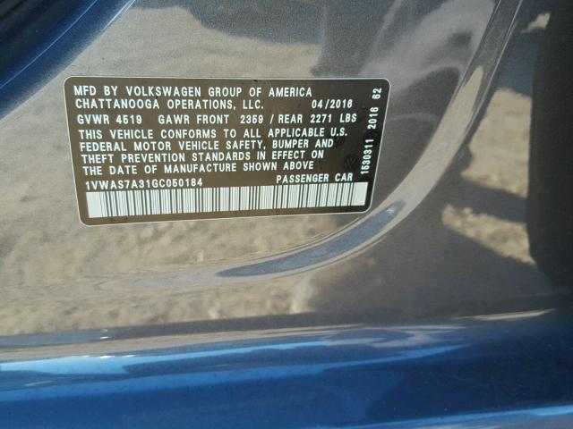 1VWAS7A31GC050184 - 2016 VOLKSWAGEN PASSAT S ლურჯი ფოტო 10