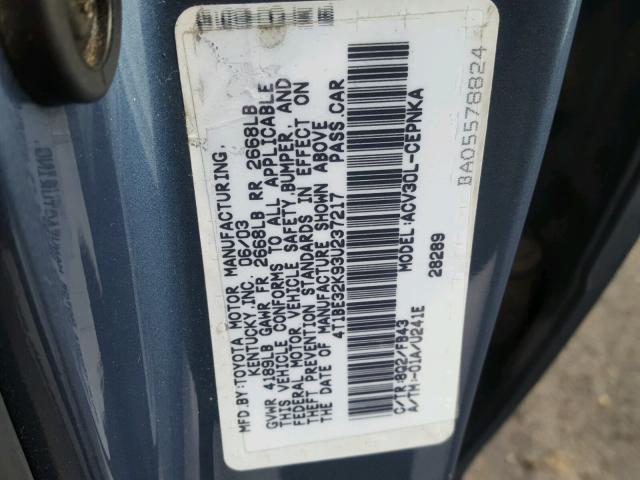 4T1BE32K93U237217 - 2003 TOYOTA CAMRY LE BLUE photo 10