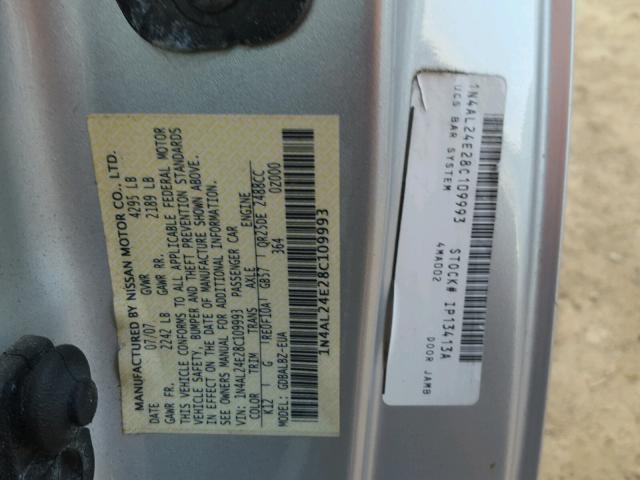 1N4AL24E28C109993 - 2008 NISSAN ALTIMA 2.5 SILVER photo 10