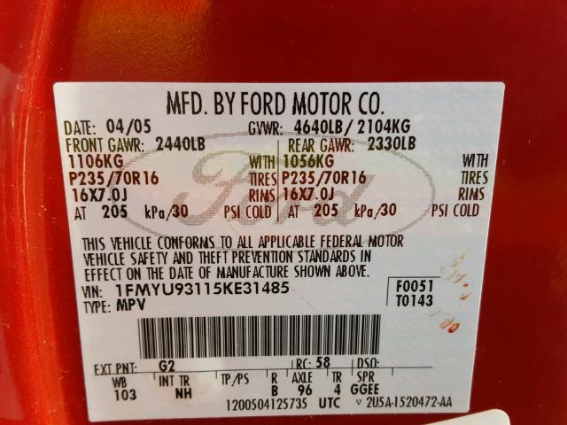 1FMYU93115KE31485 - 2005 FORD ESCAPE XLT RED photo 10