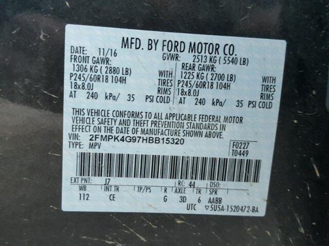 2FMPK4G97HBB15320 - 2017 FORD EDGE SE GRAY photo 10