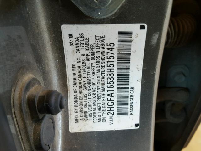 2HGFA16538H515745 - 2008 HONDA CIVIC LX GRAY photo 10