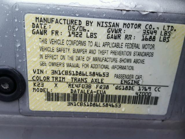 3N1CB51D86L584653 - 2006 NISSAN SENTRA 1.8 SILVER photo 10