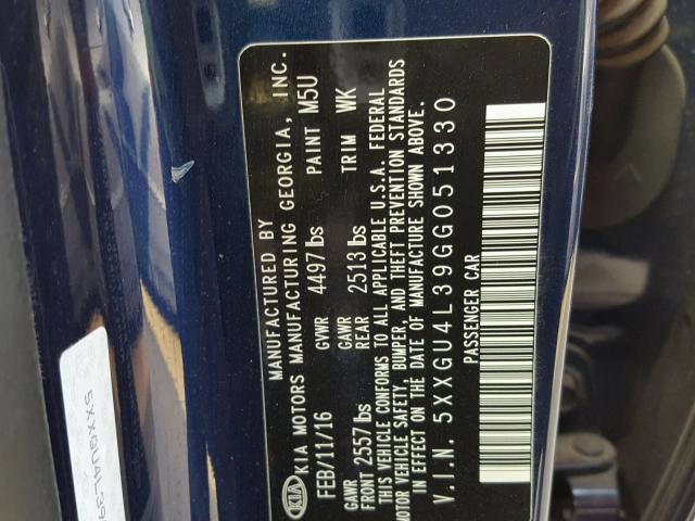 5XXGU4L39GG051330 - 2016 KIA OPTIMA EX BLUE photo 10