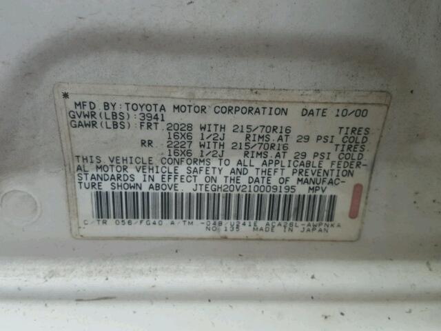 JTEGH20V210009195 - 2001 TOYOTA RAV4 WHITE photo 10