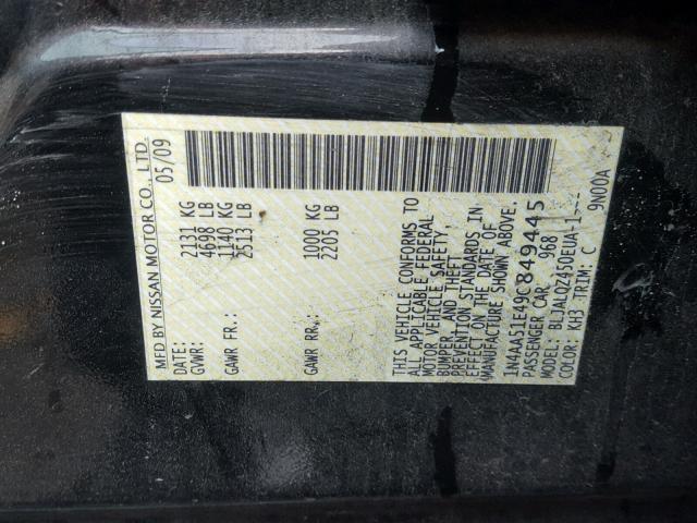 1N4AA51E49C849445 - 2009 NISSAN MAXIMA S BLACK photo 10