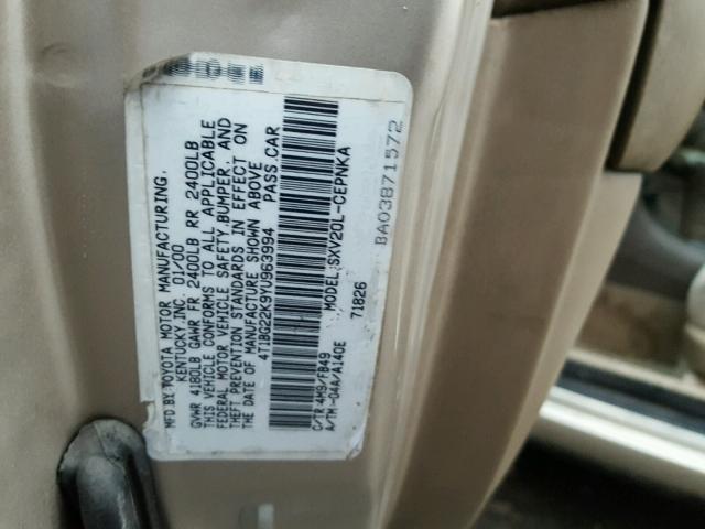 4T1BG22K9YU963994 - 2000 TOYOTA CAMRY CE TAN photo 10