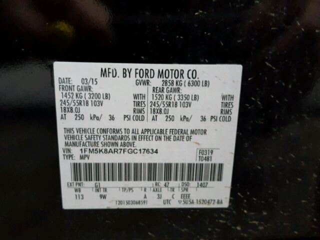 1FM5K8AR7FGC17634 - 2015 FORD EXPLORER P BLACK photo 10