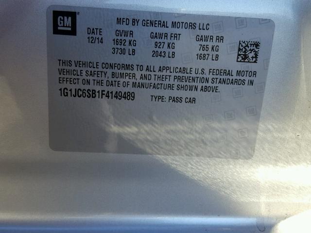 1G1JC6SB1F4149489 - 2015 CHEVROLET SONIC LT GRAY photo 10