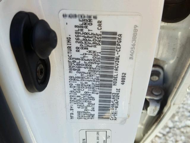 4T1BE30K13U245671 - 2003 TOYOTA CAMRY LE WHITE photo 10