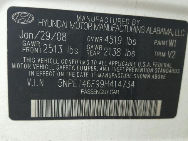 5NPET46F99H414734 - 2009 HYUNDAI SONATA GLS WHITE photo 10