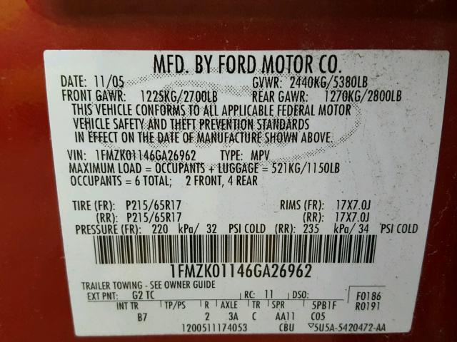 1FMZK01146GA26962 - 2006 FORD FREESTYLE RED photo 10