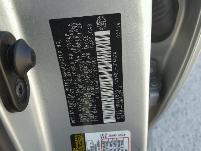 4T1BE46K77U152902 - 2007 TOYOTA CAMRY NEW SILVER photo 10
