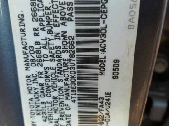 4T1BE30K03U782662 - 2003 TOYOTA CAMRY LE ლურჯი ფოტო 10