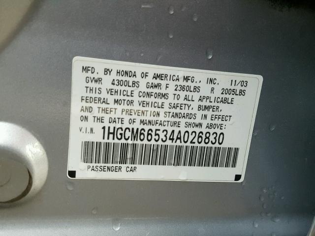 1HGCM66534A026830 - 2004 HONDA ACCORD EX SILVER photo 10