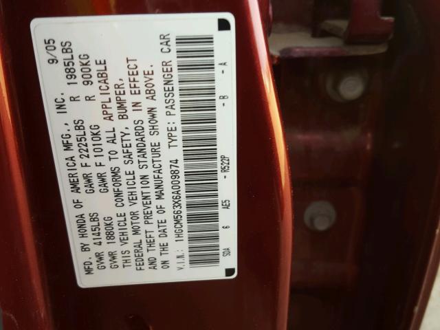 1HGCM563X6A009874 - 2006 HONDA ACCORD SE RED photo 10