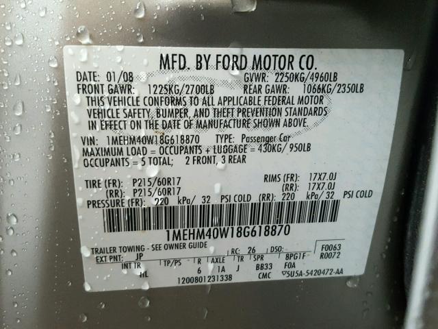 1MEHM40W18G618870 - 2008 MERCURY SABLE LUXU SILVER photo 10