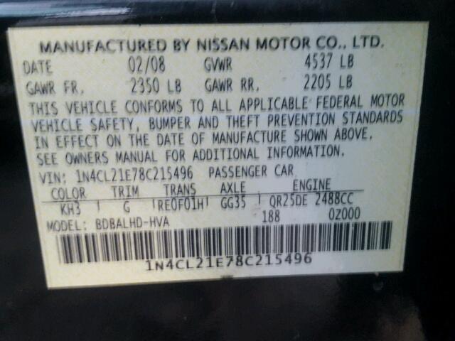 1N4CL21E78C215496 - 2008 NISSAN ALTIMA HYB BLACK photo 10