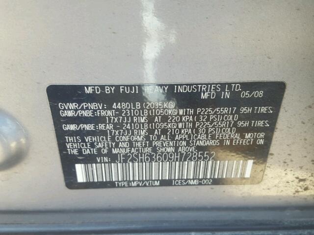 JF2SH63609H728552 - 2009 SUBARU FORESTER 2 GRAY photo 10