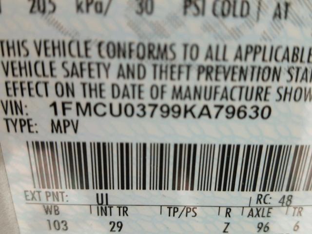 1FMCU03799KA79630 - 2009 FORD ESCAPE XLT SILVER photo 10