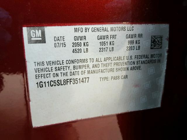 1G11C5SL8FF351477 - 2015 CHEVROLET MALIBU 1LT 勃艮第红 照片 10