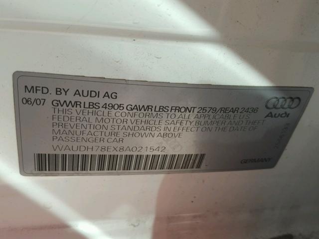 WAUDH78EX8A021542 - 2008 AUDI A4 3.2 QUA WHITE photo 10