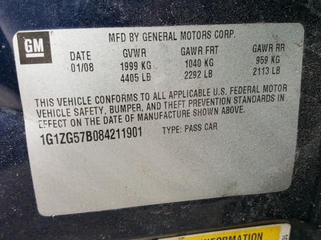 1G1ZG57B084211901 - 2008 CHEVROLET MALIBU LS Mavi foto 10