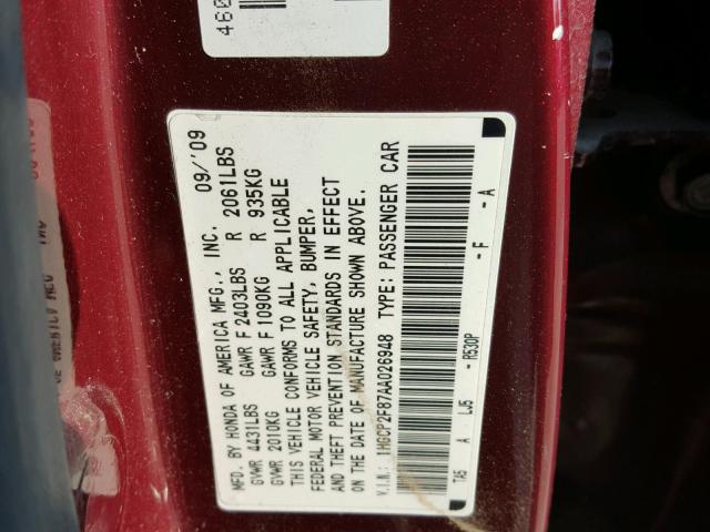 1HGCP2F87AA026948 - 2010 HONDA ACCORD EXL BURGUNDY photo 10