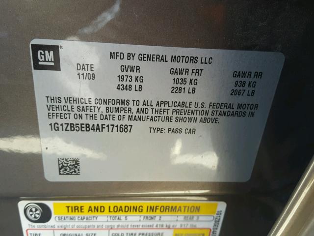 1G1ZB5EB4AF171687 - 2010 CHEVROLET MALIBU LS ნაცრისფერი ფოტო 10