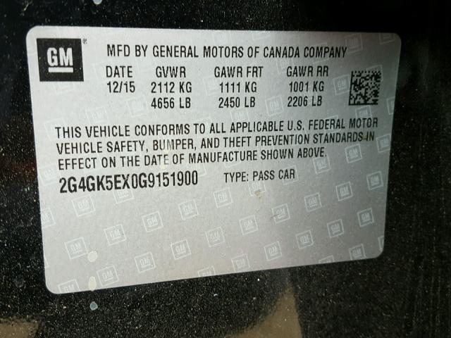 2G4GK5EX0G9151900 - 2016 BUICK REGAL BLACK photo 10