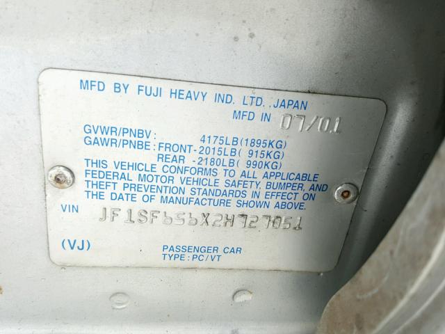 JF1SF656X2H727051 - 2002 SUBARU FORESTER S ვერცხლისფერი ფოტო 10