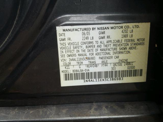 1N4AL11EX5C386983 - 2005 NISSAN ALTIMA S GRAY photo 10