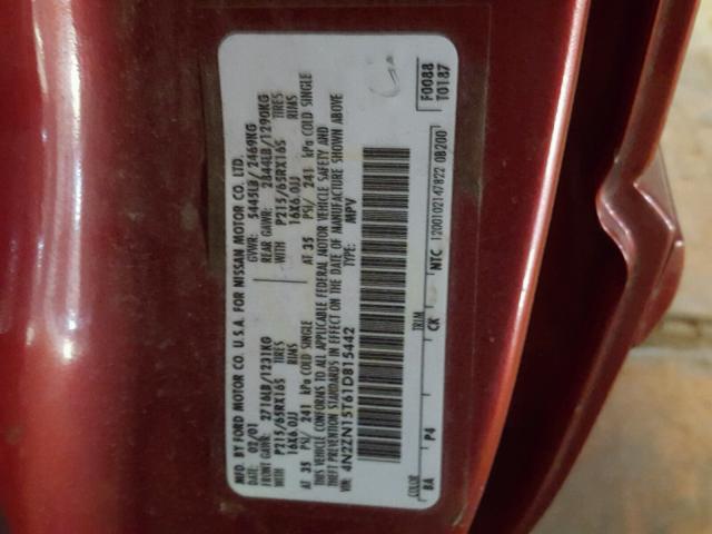 4N2ZN15T61D815442 - 2001 NISSAN QUEST GXE BURGUNDY photo 10