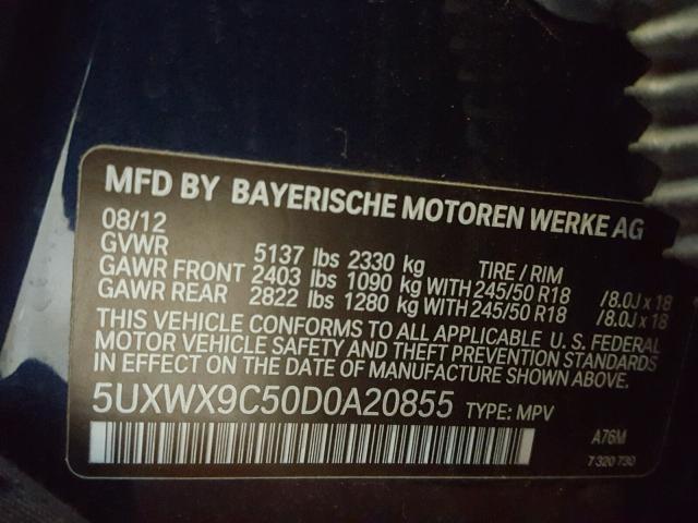 5UXWX9C50D0A20855 - 2013 BMW X3 XDRIVE2 BLUE photo 10