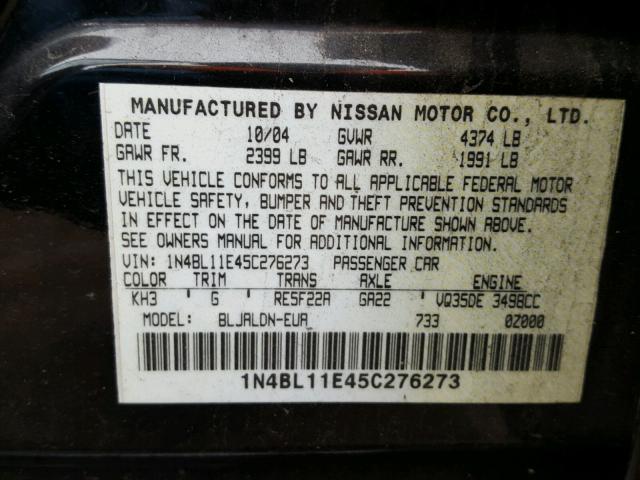 1N4BL11E45C276273 - 2005 NISSAN ALTIMA SE BLACK photo 10