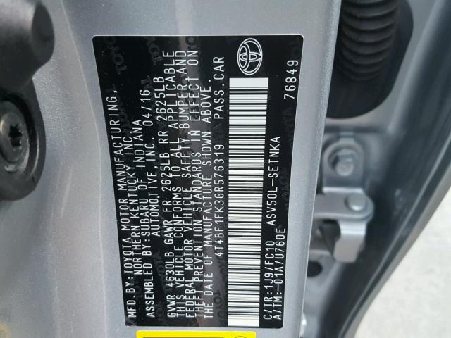 4T4BF1FK3GR576319 - 2016 TOYOTA CAMRY LE ვერცხლისფერი ფოტო 10