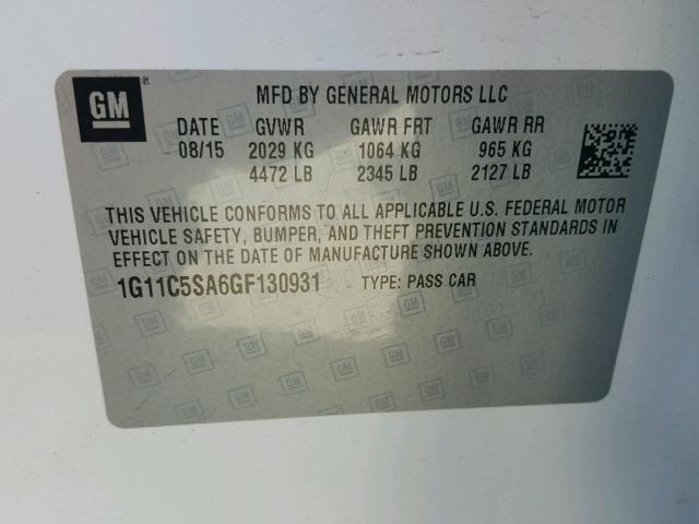 1G11C5SA6GF130931 - 2016 CHEVROLET MALIBU LIM 白色 照片 10