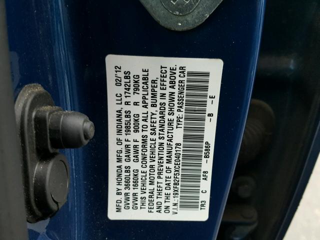 19XFB2F5XCE040178 - 2012 HONDA CIVIC LX BLUE photo 10