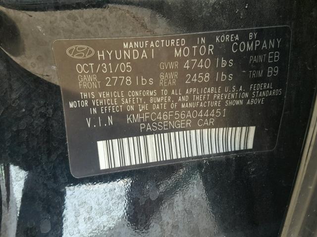 KMHFC46F56A044451 - 2006 HYUNDAI AZERA SE BLACK photo 10