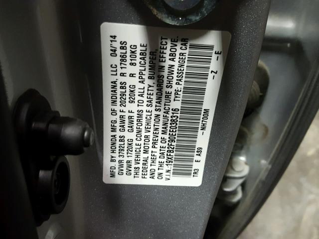 19XFB2F90EE038316 - 2014 HONDA CIVIC EXL Argent photo 10