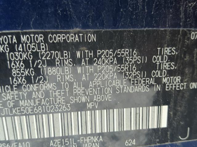 JTLKE50E681023263 - 2008 TOYOTA SCION XB 蓝色 照片 10