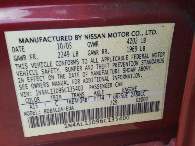 1N4AL11D96C135400 - 2006 NISSAN ALTIMA S RED photo 10