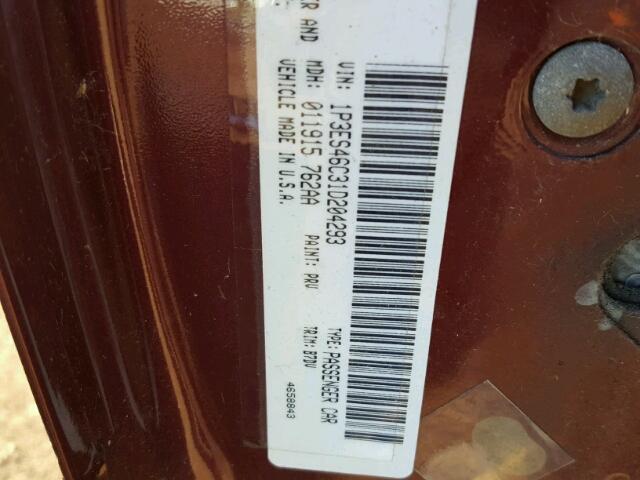 1P3ES46C31D204293 - 2001 PLYMOUTH NEON BASE BURGUNDY photo 10