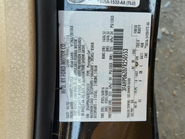 3FAHP06Z07R250553 - 2007 FORD FUSION S BLACK photo 10