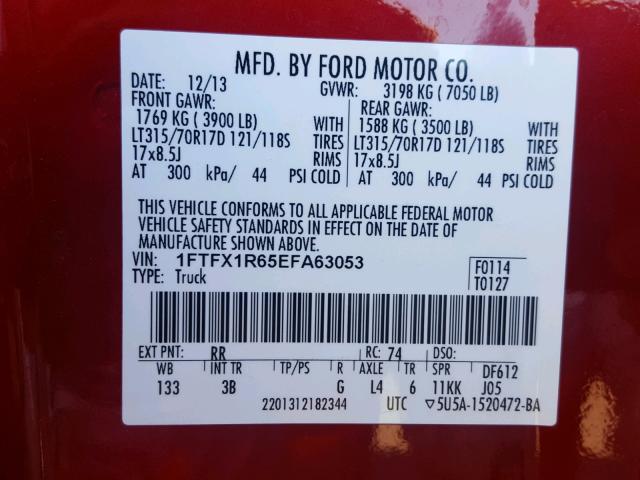 1FTFX1R65EFA63053 - 2014 FORD F150 SVT R MAROON photo 10