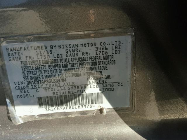 3N1CN7AP8GL839784 - 2016 NISSAN VERSA S GRAY photo 10