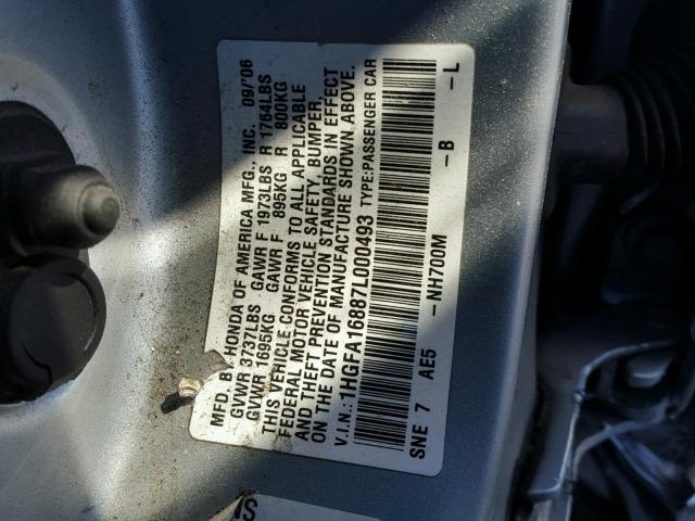 1HGFA16887L000493 - 2007 HONDA CIVIC EX 银色 照片 10