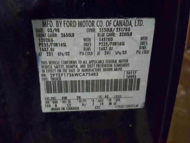 2FTZF1726WCA75483 - 1998 FORD F150 BLUE photo 10