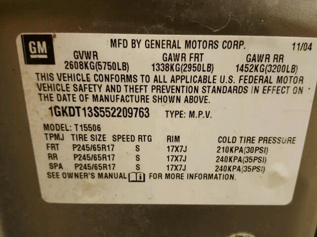 1GKDT13S552209763 - 2005 GMC ENVOY SILVER photo 10